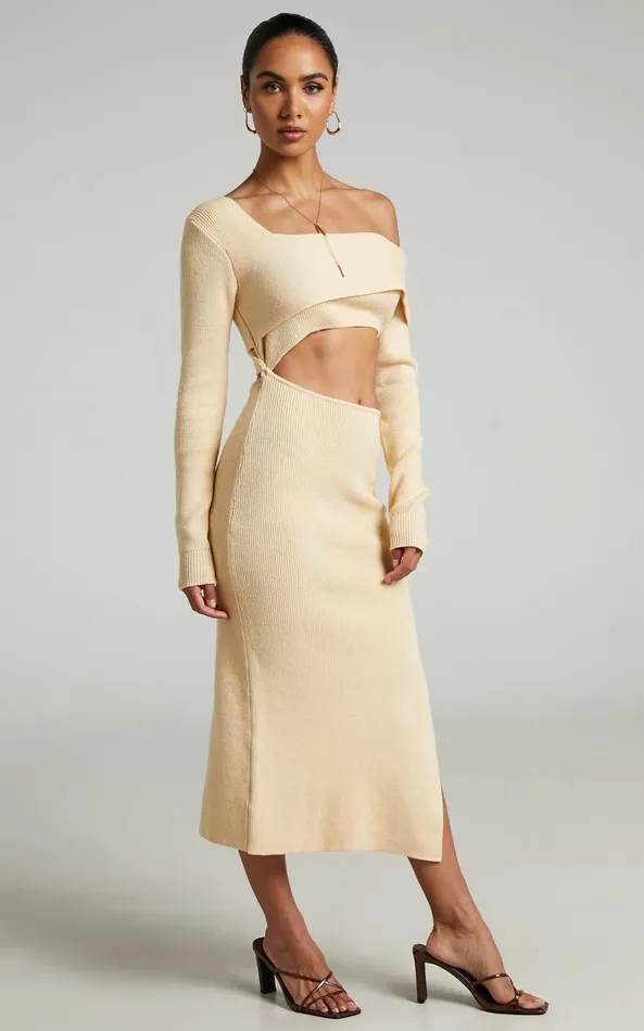 Showpo Alabama Midi Dress 8211 Off One Shoulder Asymmetric Long Sleeve Knit Dress In Sand Women Dresses
