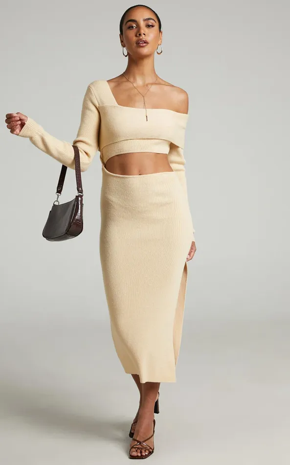 Showpo Alabama Midi Dress 8211 Off One Shoulder Asymmetric Long Sleeve Knit Dress In Sand Women Dresses