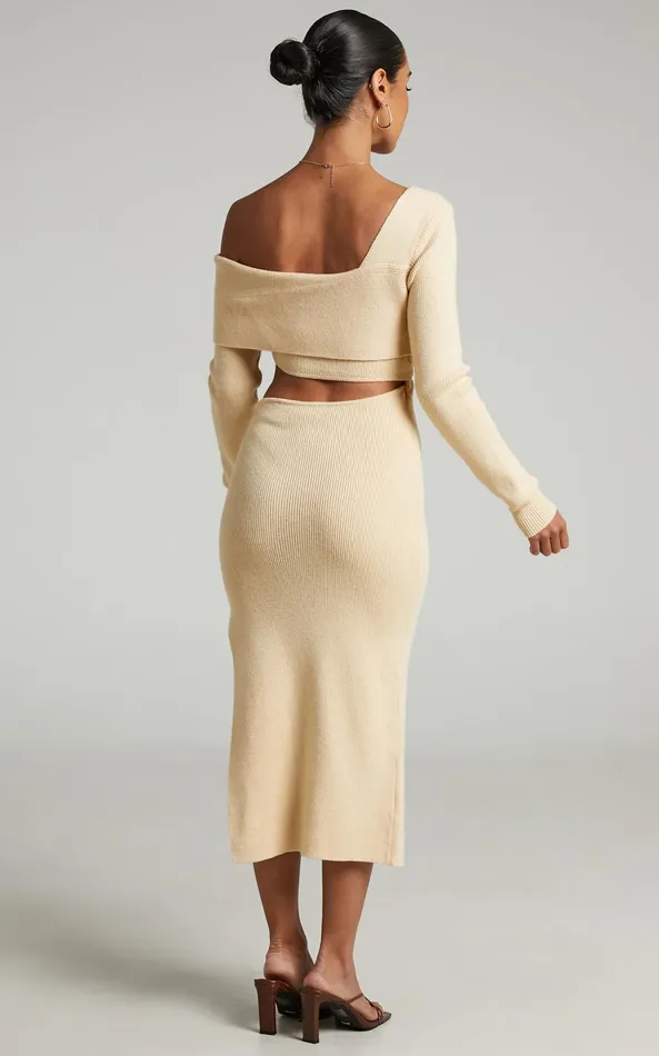 Showpo Alabama Midi Dress 8211 Off One Shoulder Asymmetric Long Sleeve Knit Dress In Sand Women Dresses