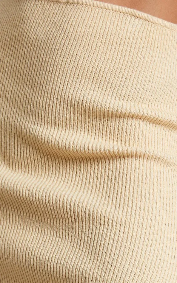 Showpo Alabama Midi Dress 8211 Off One Shoulder Asymmetric Long Sleeve Knit Dress In Sand Women Dresses