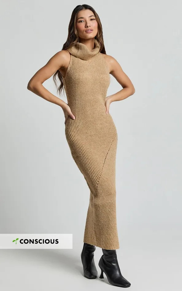 Showpo Alaina Midi Dress 8211 Recycled Polyester Knitted Roll Neck Dress In Caramel Women Dresses Showpo Alaina Midi Dress 8211 Recycled Polyester Knitted Roll Neck Dress In Caramel Women Dresses