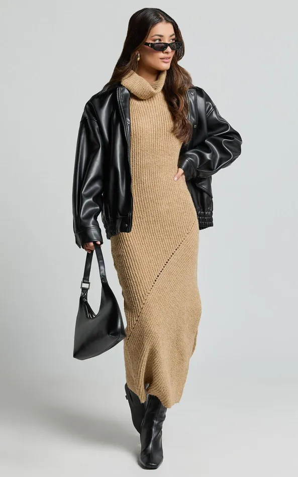 Showpo Alaina Midi Dress 8211 Recycled Polyester Knitted Roll Neck Dress In Caramel Women Dresses