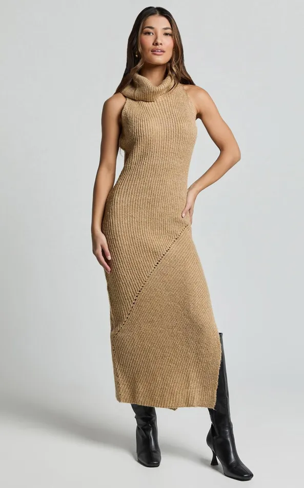 Showpo Alaina Midi Dress 8211 Recycled Polyester Knitted Roll Neck Dress In Caramel Women Dresses