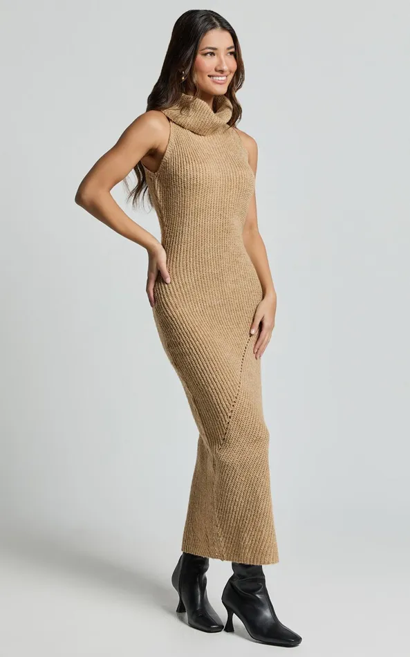 Showpo Alaina Midi Dress 8211 Recycled Polyester Knitted Roll Neck Dress In Caramel Women Dresses