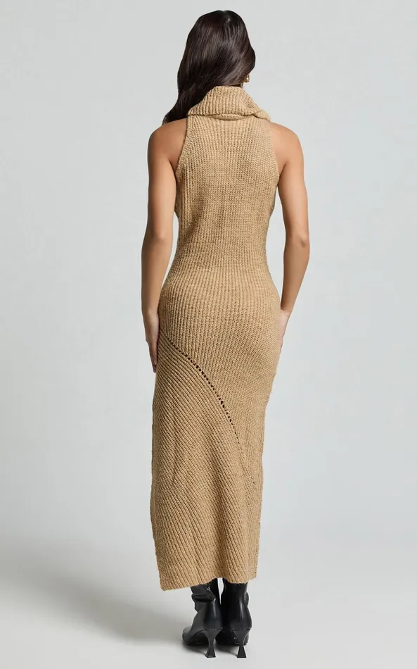 Showpo Alaina Midi Dress 8211 Recycled Polyester Knitted Roll Neck Dress In Caramel Women Dresses
