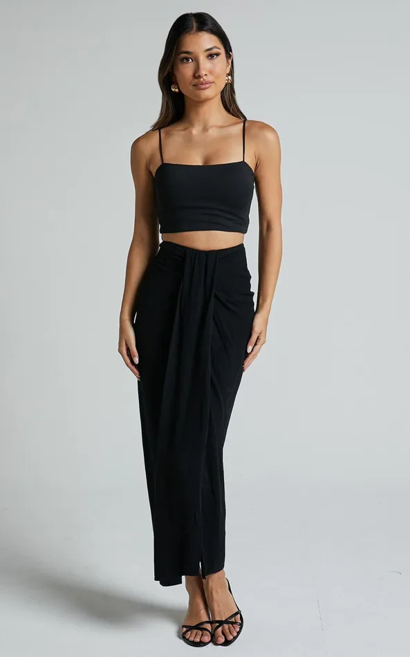Showpo Alanna Midi Skirt 8211 Linen Look Thigh Split Wrap Skirt In Black Women Skirts