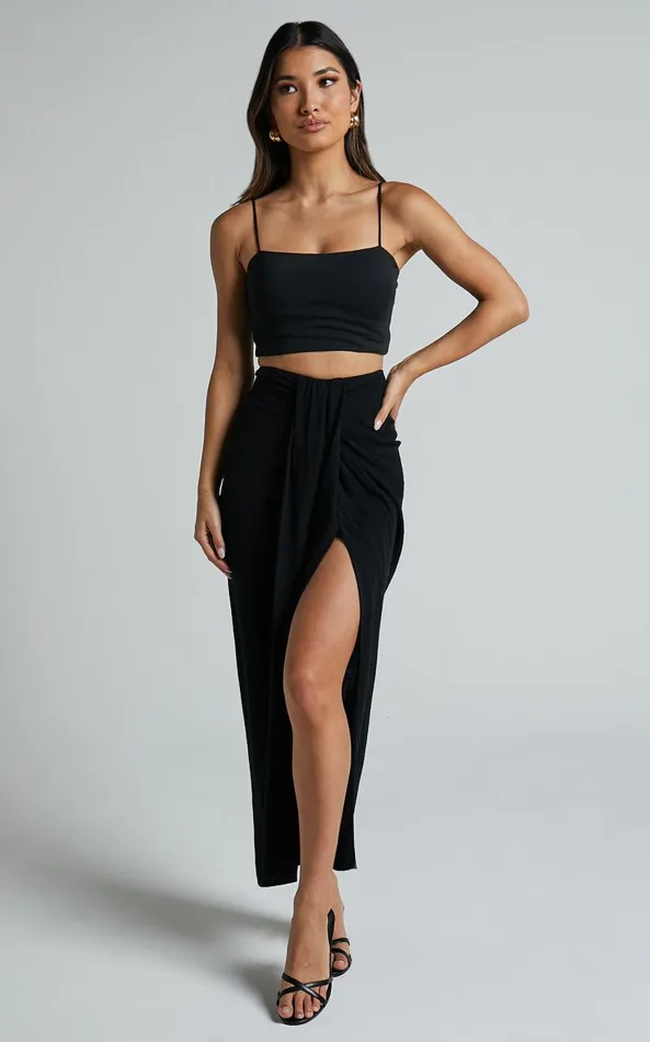 Showpo Alanna Midi Skirt 8211 Linen Look Thigh Split Wrap Skirt In Black Women Skirts