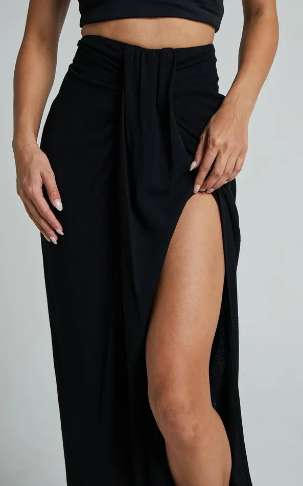 Showpo Alanna Midi Skirt 8211 Linen Look Thigh Split Wrap Skirt In Black Women Skirts
