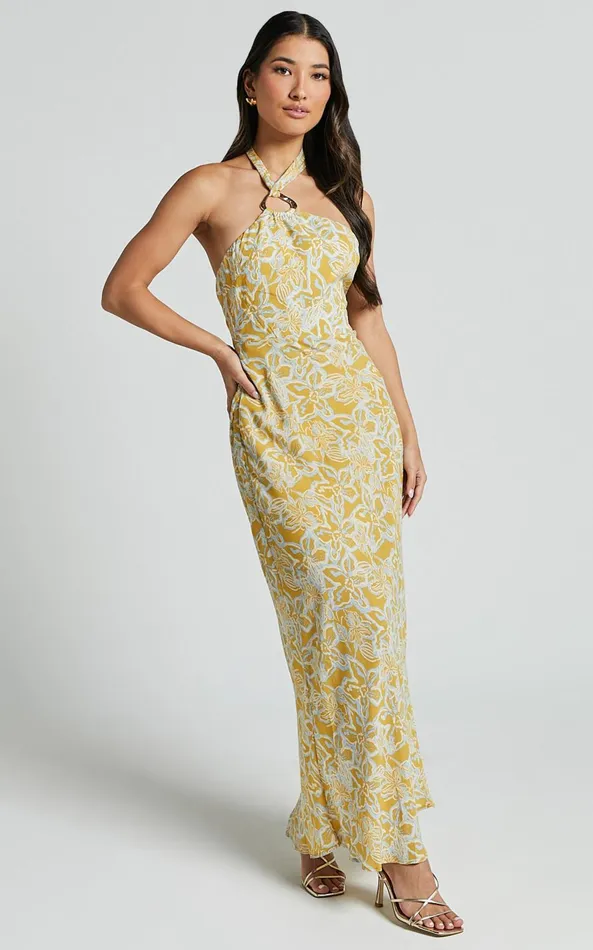 Showpo Alba Midi Dress 8211 Halter Neck Slip Dress In Yellow Women Dresses