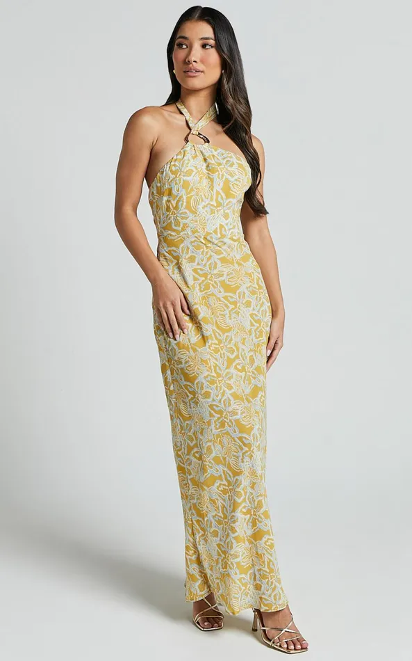 Showpo Alba Midi Dress 8211 Halter Neck Slip Dress In Yellow Women Dresses