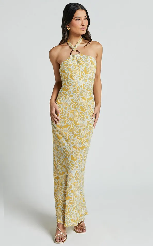 Showpo Alba Midi Dress 8211 Halter Neck Slip Dress In Yellow Women Dresses