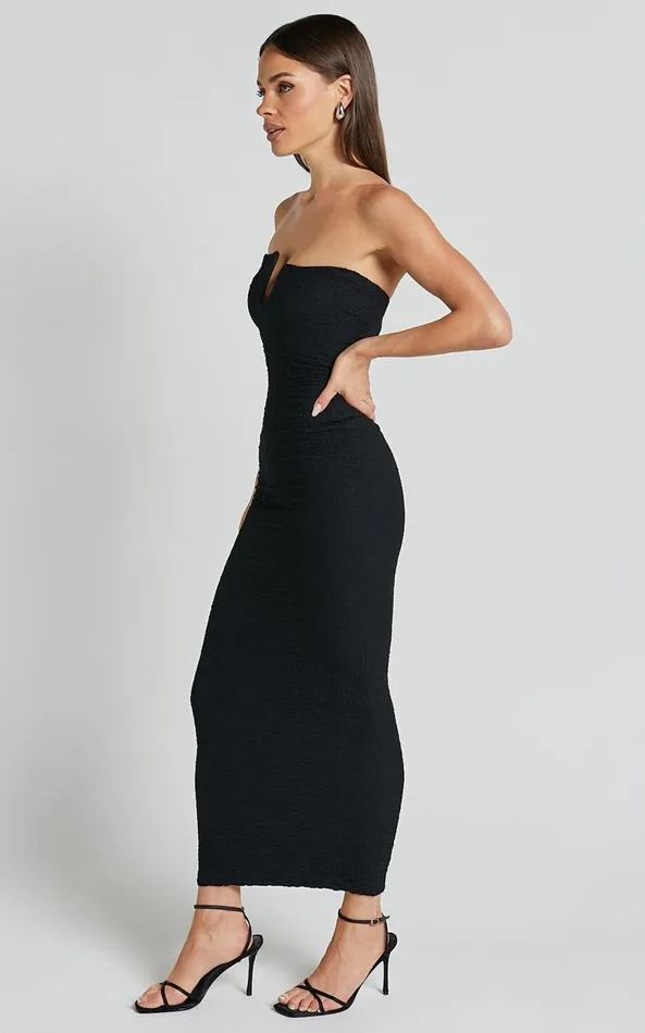 Showpo Alberta Maxi Dress Strapless Bust Detail Textured Dress In Black Women Dresses