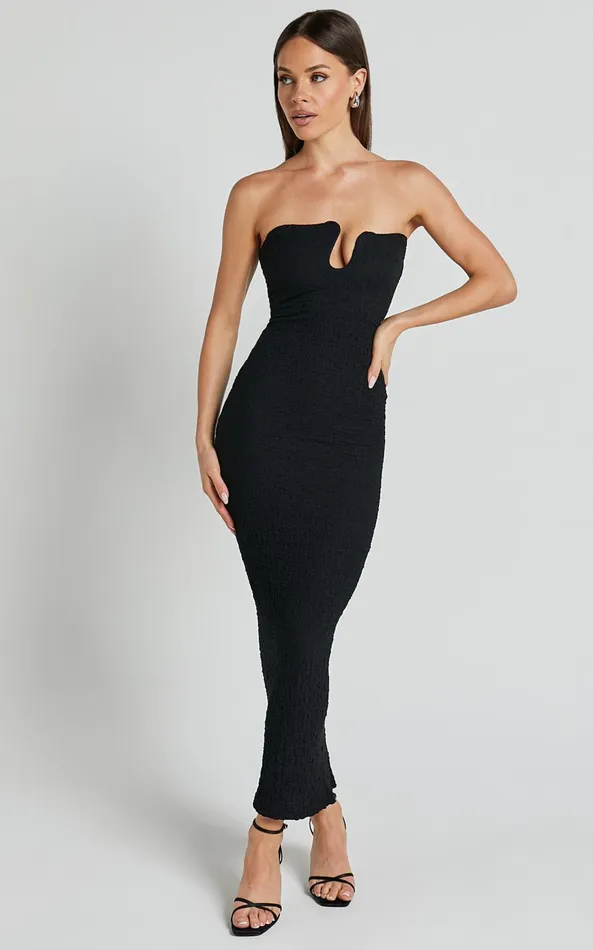Showpo Alberta Maxi Dress Strapless Bust Detail Textured Dress In Black Women Dresses