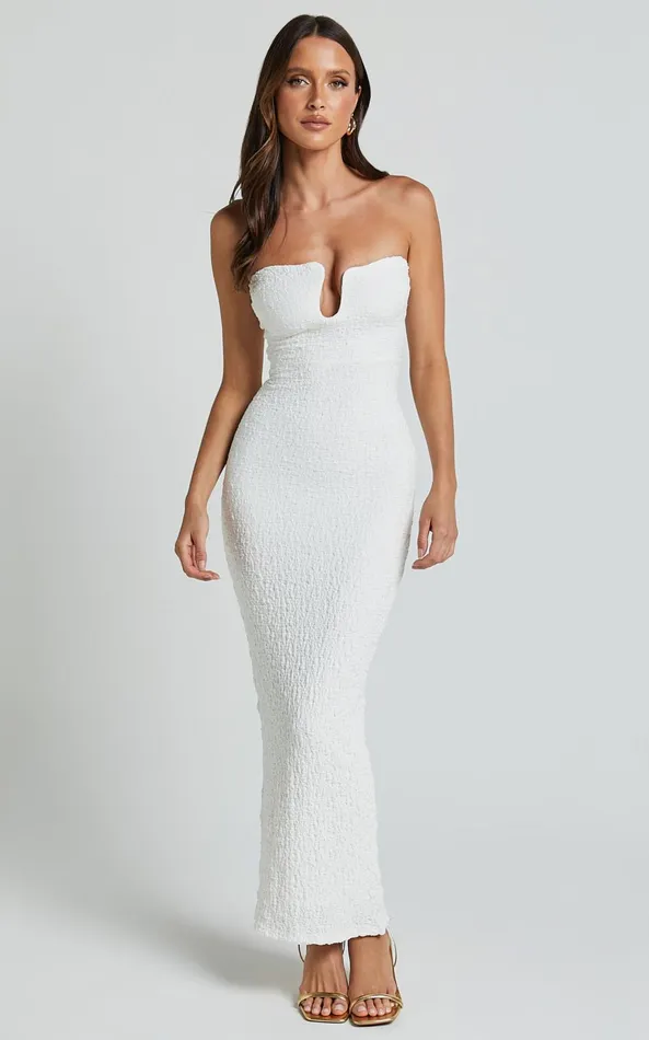 Showpo Alberta Maxi Dress Strapless Bust Detail Textured Dress In White Women Dresses