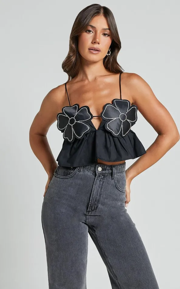 Showpo Alberta Top 8211 Rhinestone Flower Detail Babydoll Crop In Black Women Tops Showpo Alberta Top 8211 Rhinestone Flower Detail Babydoll Crop In Black Women Tops
