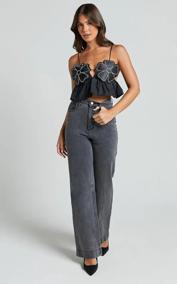 Showpo Alberta Top 8211 Rhinestone Flower Detail Babydoll Crop In Black Women Tops