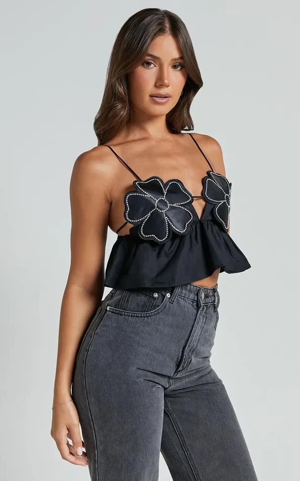 Showpo Alberta Top 8211 Rhinestone Flower Detail Babydoll Crop In Black Women Tops