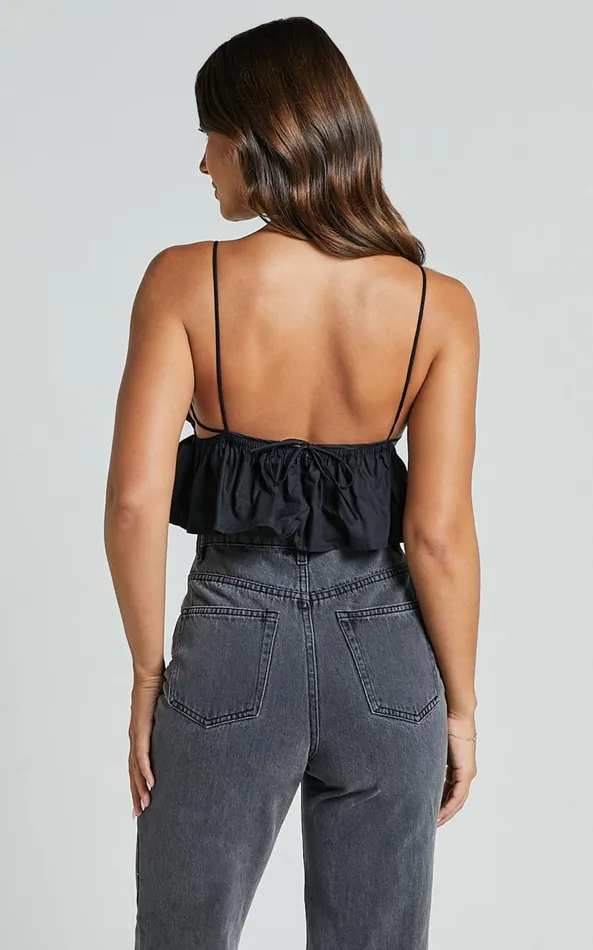 Showpo Alberta Top 8211 Rhinestone Flower Detail Babydoll Crop In Black Women Tops