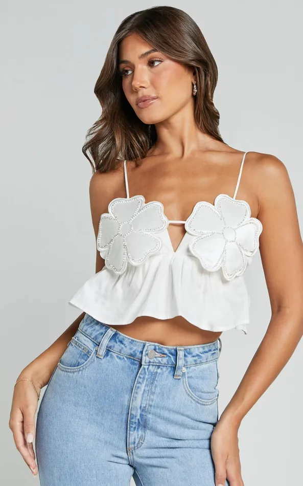 Showpo Alberta Top 8211 Rhinestone Flower Detail Babydoll Crop In White Women Tops Showpo Alberta Top 8211 Rhinestone Flower Detail Babydoll Crop In White Women Tops