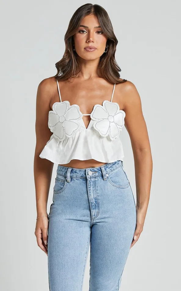 Showpo Alberta Top 8211 Rhinestone Flower Detail Babydoll Crop In White Women Tops