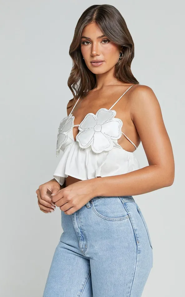 Showpo Alberta Top 8211 Rhinestone Flower Detail Babydoll Crop In White Women Tops