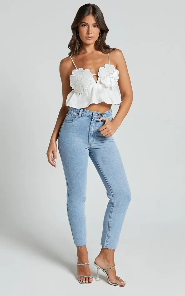 Showpo Alberta Top 8211 Rhinestone Flower Detail Babydoll Crop In White Women Tops