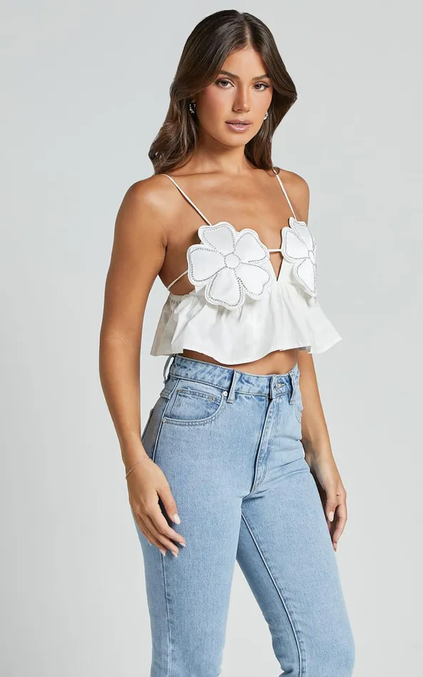 Showpo Alberta Top 8211 Rhinestone Flower Detail Babydoll Crop In White Women Tops