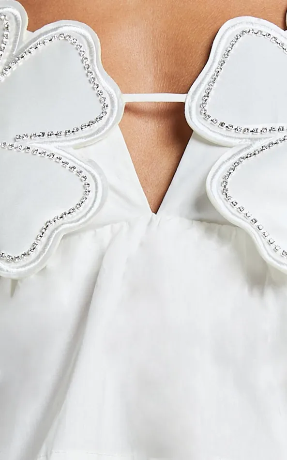 Showpo Alberta Top 8211 Rhinestone Flower Detail Babydoll Crop In White Women Tops