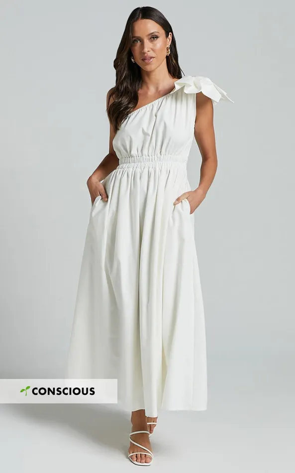 Showpo Alby Midi Dress 8211 One Shoulder Bow Dress With Elasticated Waist In White Women Dresses Showpo Alby Midi Dress 8211 One Shoulder Bow Dress With Elasticated Waist In White Women Dresses