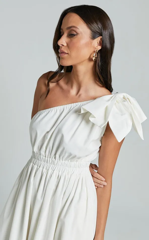 Showpo Alby Midi Dress 8211 One Shoulder Bow Dress With Elasticated Waist In White Women Dresses