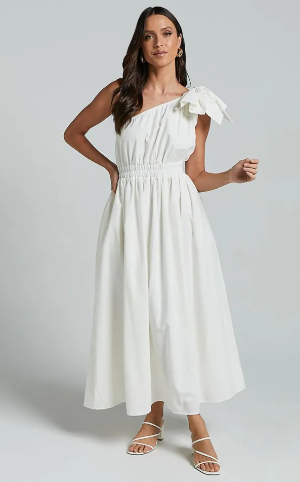 Showpo Alby Midi Dress 8211 One Shoulder Bow Dress With Elasticated Waist In White Women Dresses
