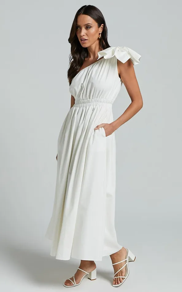 Showpo Alby Midi Dress 8211 One Shoulder Bow Dress With Elasticated Waist In White Women Dresses