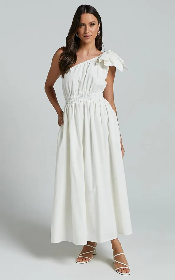 Showpo Alby Midi Dress 8211 One Shoulder Bow Dress With Elasticated Waist In White Women Dresses