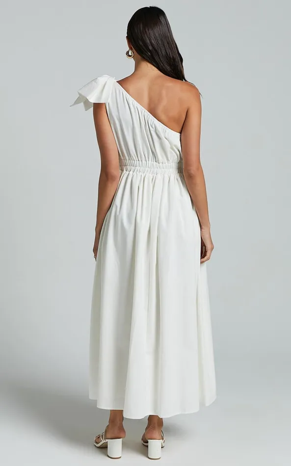 Showpo Alby Midi Dress 8211 One Shoulder Bow Dress With Elasticated Waist In White Women Dresses