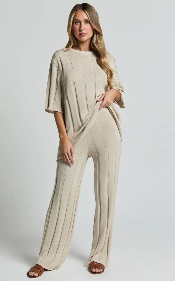 Showpo Alda Pants 8211 Relaxed Flare Leg Knit Pants In Cream Women Pants