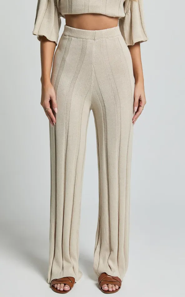 Showpo Alda Pants 8211 Relaxed Flare Leg Knit Pants In Cream Women Pants