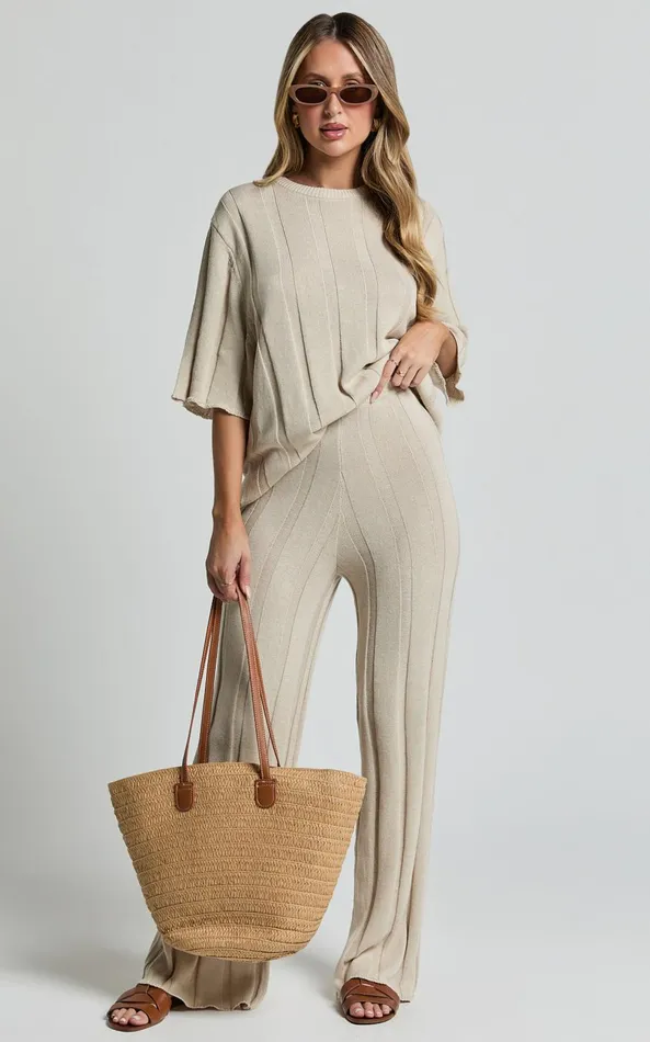 Showpo Alda Pants 8211 Relaxed Flare Leg Knit Pants In Cream Women Pants