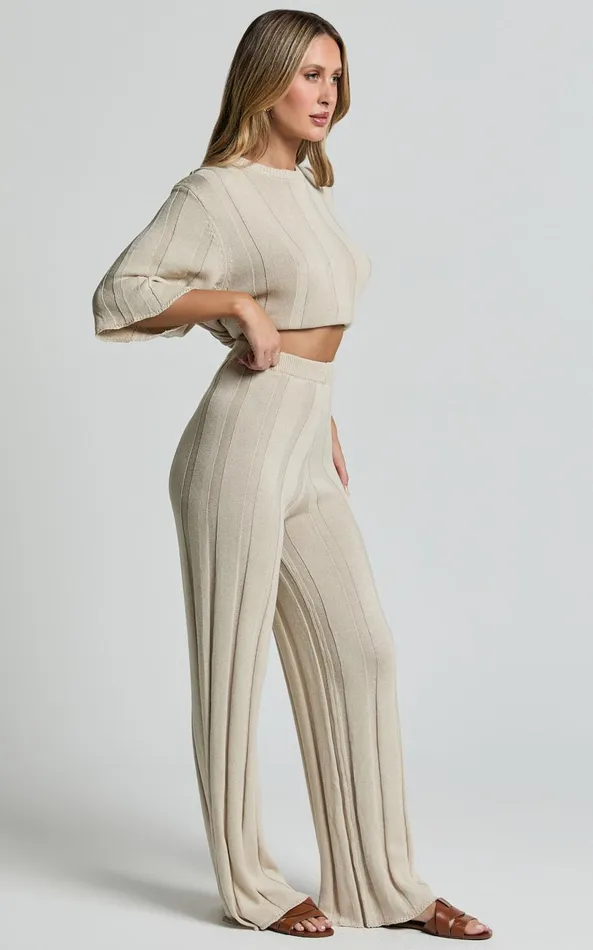 Showpo Alda Pants 8211 Relaxed Flare Leg Knit Pants In Cream Women Pants