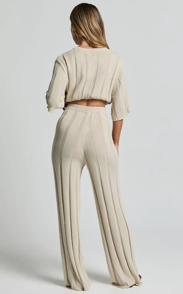 Showpo Alda Pants 8211 Relaxed Flare Leg Knit Pants In Cream Women Pants