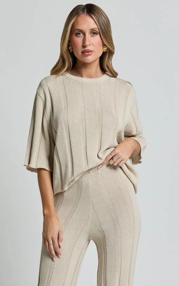Showpo Alda Top 8211 Oversized Relaxed Crew Neck Knit Top In Cream Women Knitwear