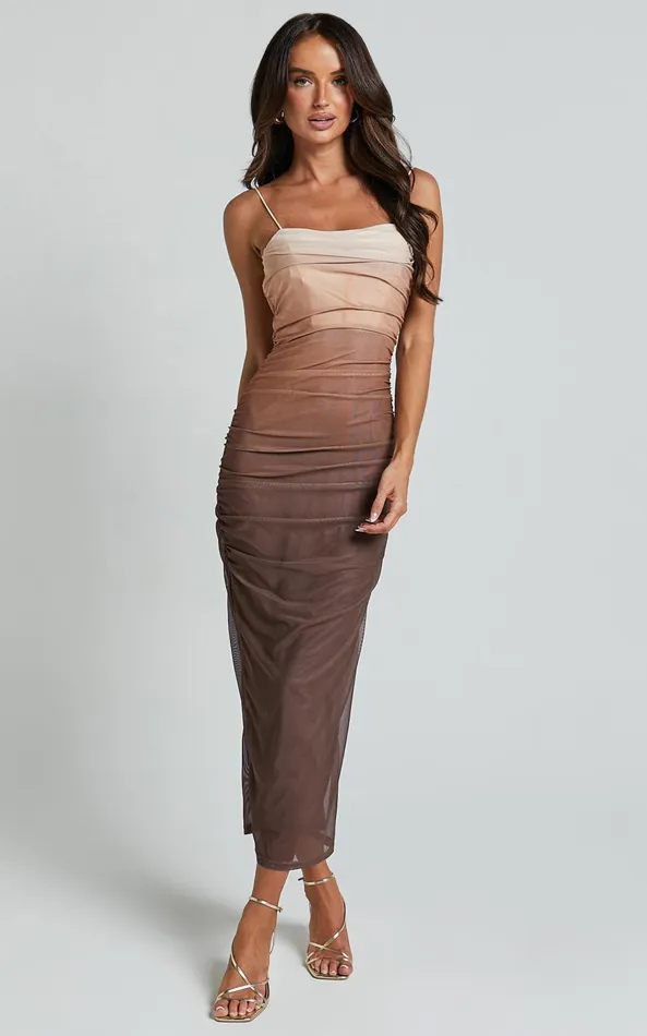 Showpo Aldine Midi Dress 8211 Ombre Mesh Bodycon Dress In Chocolate Women Dresses