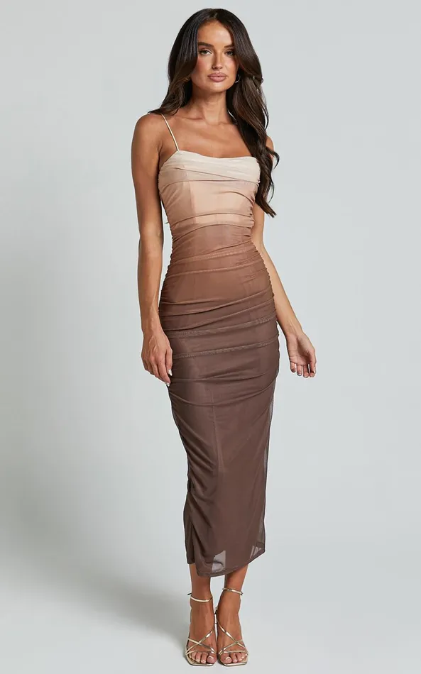 Showpo Aldine Midi Dress 8211 Ombre Mesh Bodycon Dress In Chocolate Women Dresses