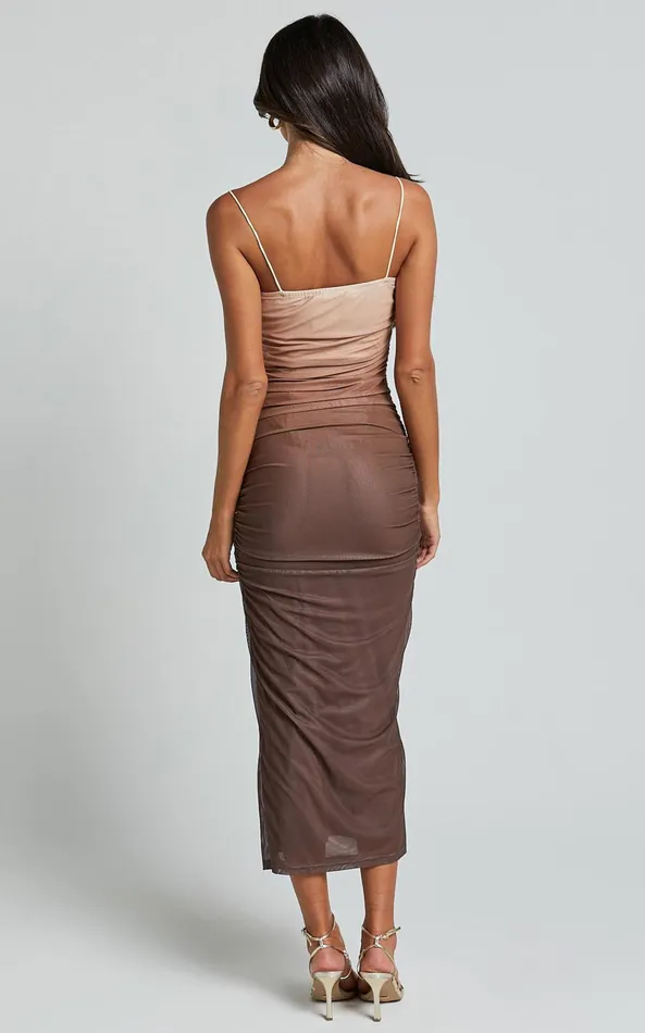 Showpo Aldine Midi Dress 8211 Ombre Mesh Bodycon Dress In Chocolate Women Dresses