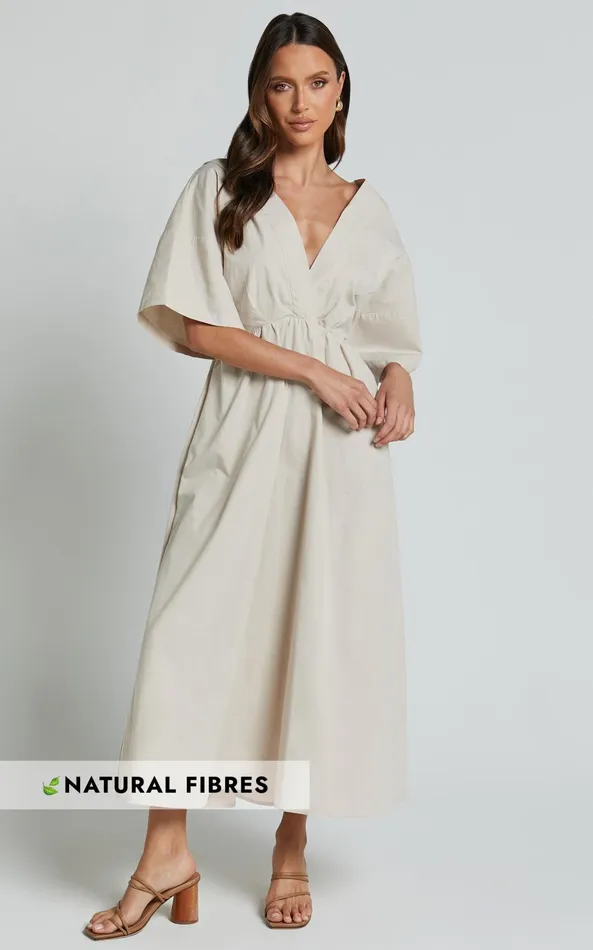 Showpo Alectra Midi Dress 8211 Plunge Neck 34 Sleeve Cross Back A Line Dress In Stone Women Dresses Showpo Alectra Midi Dress 8211 Plunge Neck 34 Sleeve Cross Back A Line Dress In Stone Women Dresses