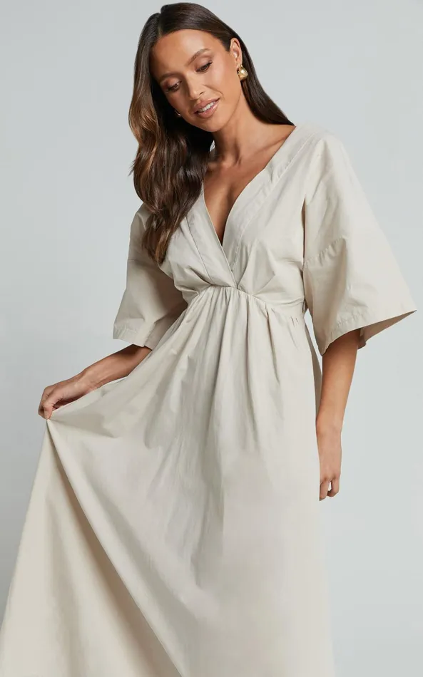 Showpo Alectra Midi Dress 8211 Plunge Neck 34 Sleeve Cross Back A Line Dress In Stone Women Dresses