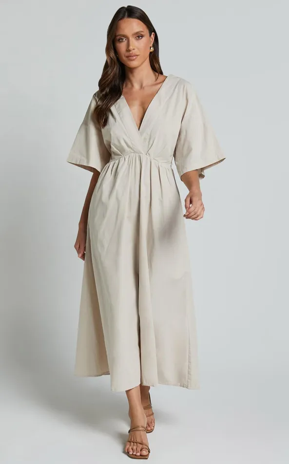 Showpo Alectra Midi Dress 8211 Plunge Neck 34 Sleeve Cross Back A Line Dress In Stone Women Dresses
