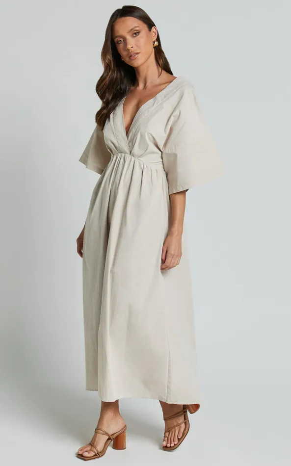 Showpo Alectra Midi Dress 8211 Plunge Neck 34 Sleeve Cross Back A Line Dress In Stone Women Dresses