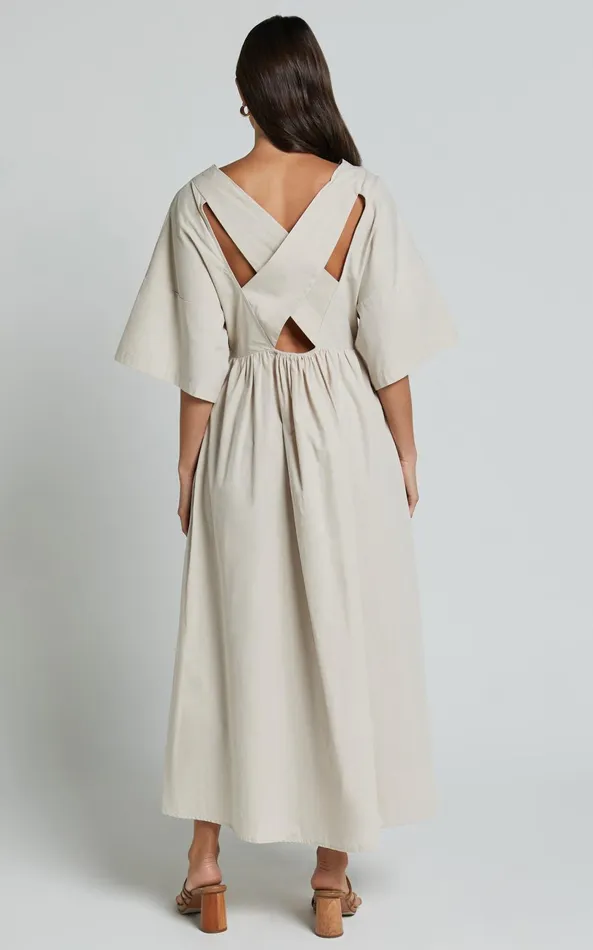 Showpo Alectra Midi Dress 8211 Plunge Neck 34 Sleeve Cross Back A Line Dress In Stone Women Dresses