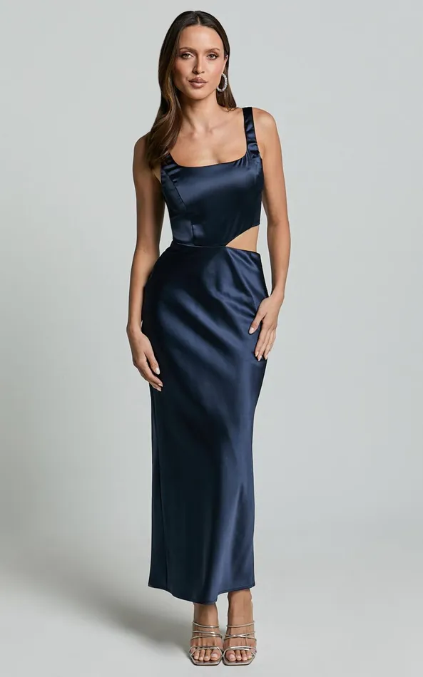 Showpo Aleena Midi Dress 8211 Square Neck Side Cut Out Satin Dress In Midnight Blue Women Dresses Showpo Aleena Midi Dress 8211 Square Neck Side Cut Out Satin Dress In Midnight Blue Women Dresses