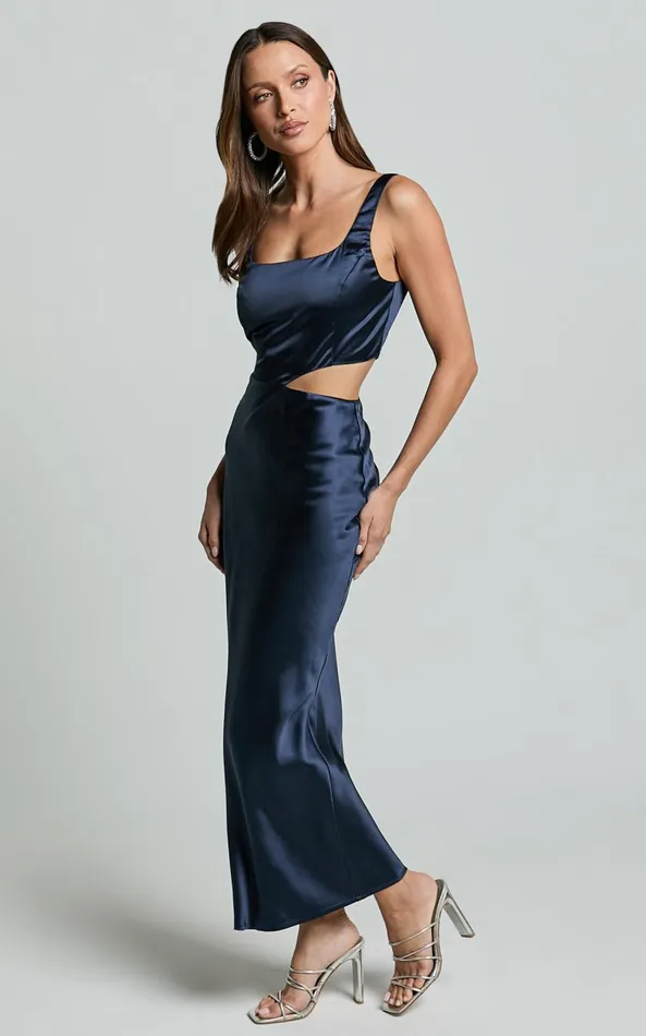 Showpo Aleena Midi Dress 8211 Square Neck Side Cut Out Satin Dress In Midnight Blue Women Dresses